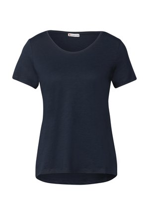 Dark navy blue short-sleeve t-shirt with a scoop neckline and a straight hem. Made from a soft, lightweight fabric with a subtle texture.