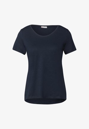 Donker marineblauwe t-shirt met korte mouwen, een ronde halslijn en een rechte zoom. Gemaakt van een zachte, lichte stof met een subtiele textuur.