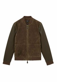 Jachetă bomber din piele maro cu corp din suede, mâneci din piele, guler și manșete ribbate; dispune de un fermoar frontal și buzunare laterale.