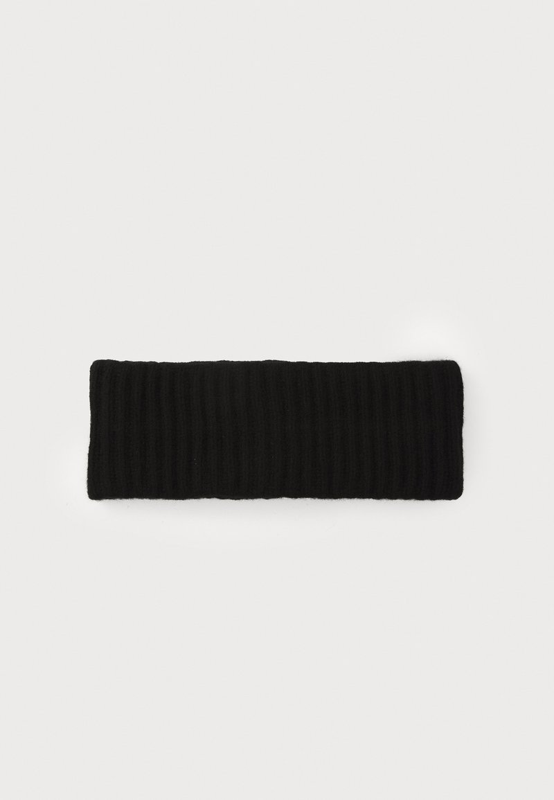 Diadema de punto acanalado negro con una textura suave, con forma rectangular y un ancho uniforme en toda su extensión.
