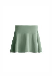 Zöld, bővülő szoknya légáteresztő anyagból, sima textúrával és kontrasztos fehér szegéllyel az alján. Egyszerű, modern dizájn.