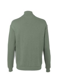 Felpa verde con un motivo trapuntato e testurizzato; colletto alto; maniche lunghe; polsini e orlo a costine; vista posteriore.