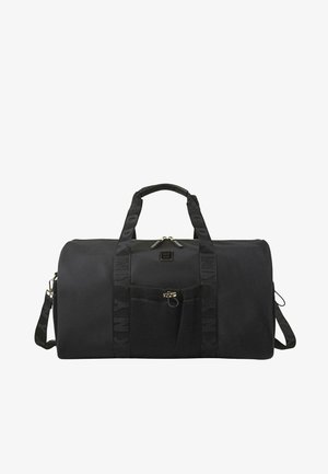 Bolsa de deporte negra con textura lisa, equipada con asas dobles, una correa ajustable, bolsillo de malla y detalles en herrajes dorados.