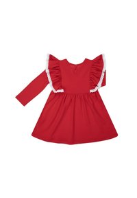 Czerwona sukienka z długimi rękawami, marszczonymi ramionami i białą koronkową lamówką. Miękki materiał o gładkiej fakturze z zapięciem na plecach w stylu kluczyka.