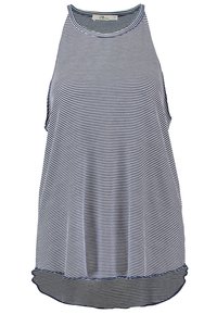 Marinblå och vit randig linne med rundad nederkant, ärmlös design och en avslappnad passform. Tillverkad av mjukt tyg med en slät yta.