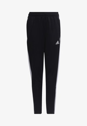 Pantalones deportivos negros con franjas laterales blancas, cinturilla elástica, diseño ajustado y un pequeño logo de Adidas en el lado izquierdo.