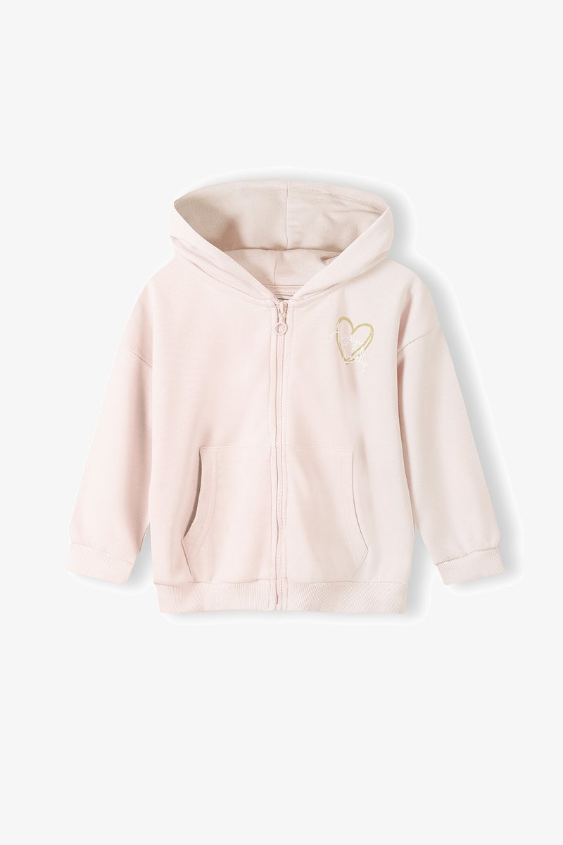 Svetloružová mikina na zips s predným vreckom, mäkký materiál, kapucňa a zlatý dizajn srdca na ľavej strane hrude. Hladká textúra.