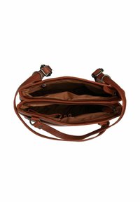 Borsa a tracolla in pelle marrone con due scomparti principali con zip e tracolla regolabile, mostrata aperta e vuota su uno sfondo bianco.