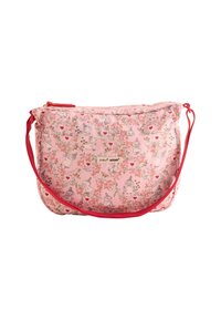 Pink fabric shoulder bag with floral and character print, red shoulder strap, zip closure, and subtle padding. Features light, soft texture.