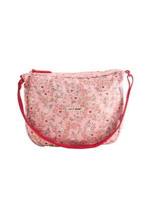 Pink fabric shoulder bag with floral and character print, red shoulder strap, zip closure, and subtle padding. Features light, soft texture.
