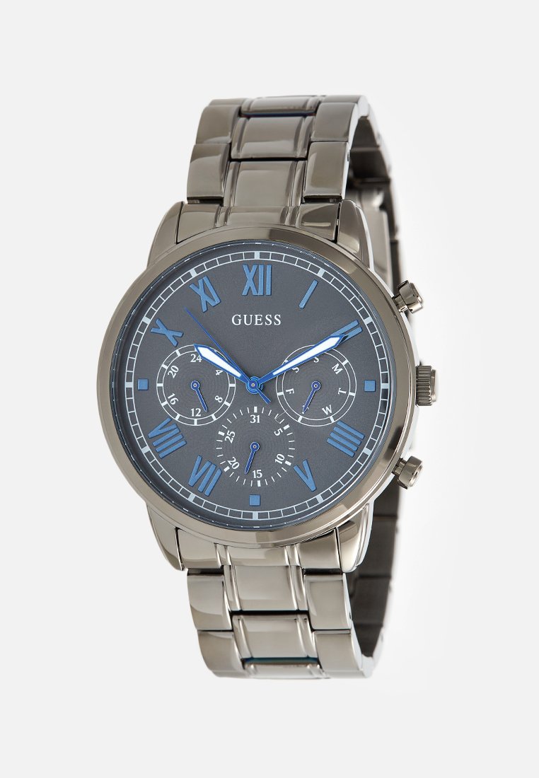 Srebrny zegarek metalowy z szarym cyferblatem, oznaczeniami w postaci cyfr rzymskich, niebieskimi akcentami, subdials i bransoletą w formie ogniw.