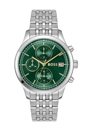 Montre chronographe ronde en argent avec cadran vert, aiguilles dorées, trois sous-cadrans, affichage de la date et bracelet métallique à maillons.