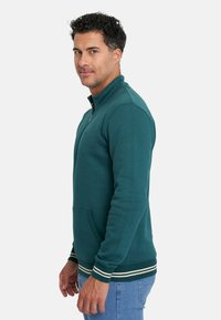 Sudadera con cremallera en color verde azulado y cuello alto, con un bolsillo frontal y puños acanalados a rayas. Tejido suave, corte informal, con mínimo branding.