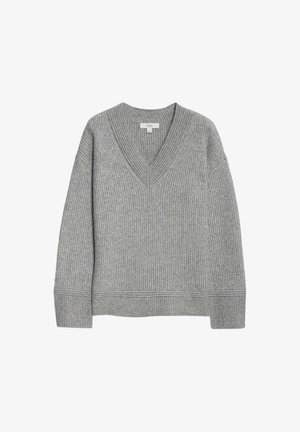 Pull gris à côtes avec un col en V, manches longues et ourlet droit. Fabriqué en matériau doux, avec une texture et des détails subtils.