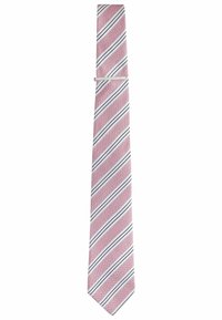 Cravate rayée avec une base rose et de fines rayures noires et blanches en diagonale, texture lisse et pointe effilée. Inclut une pince à cravate en argent.
