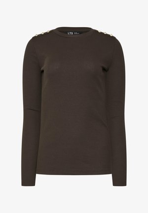 Donkerbruin geribbeld topje met lange mouwen, een ronde hals en zes kleine beige knopen in twee rijen op de schouderbanden.