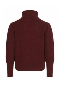 Pull en tricot bordeaux avec un col montant, texture côtelée, manches longues et détails d'épaules bouffantes. La vue arrière ne montre aucun embellissement.