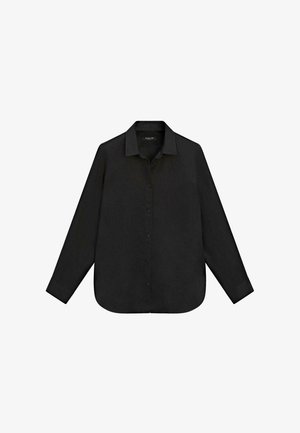 Černá košile s dlouhým rukávem, zapínáním na knoflíky, límečkem a manžetami, s obloukovým střihem spodního okraje a jednoduchým, klasickým designem.