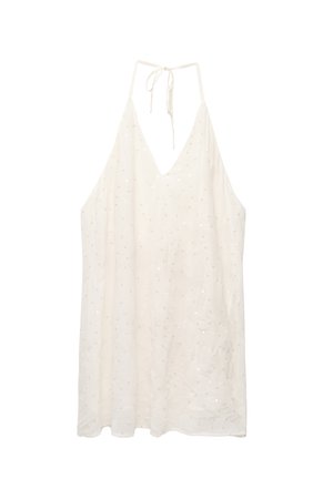 Weißes Halterkleid aus leichtem Stoff, mit tiefem V-Ausschnitt, verstellbaren Bindebändern am Rücken und verstreuten Paillettendekorationen.