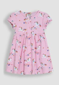 Robe rose à manches courtes avec un devant à boutons, ornée de licornes et de fleurs colorées. Fabriquée en tissu doux avec une jupe froncée.
