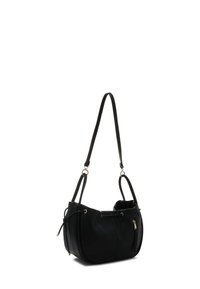 Borsa a spalla nera in pelle, con forma arrotondata, tracolla regolabile, dettagli in metallo dorato e tasca frontale con zip.