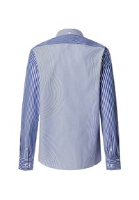 Camisa de manga larga a rayas azul y blanca con cuello clásico, patrones contrastantes en las mangas y puños abotonados. Tela suave de algodón.