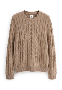 Pull en maille torsadée beige, avec un col rond, des poignets et un ourlet côtelés, arborant des motifs texturés formant des lignes verticales.