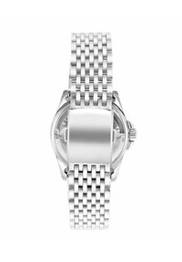 Silver stainless steel watch with a woven bracelet, round case, and polished bezel, featuring a smooth, reflective finish.