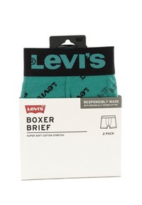 Bóxer de Levi's, turquesa con cinturilla de logo negra, empaquetados en una caja blanca etiquetada como "algodón elástico súper suave", incluye dos pares.