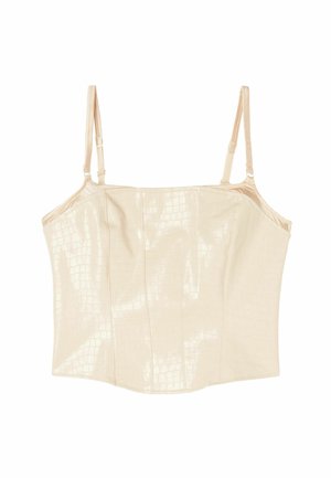 Top corto de cuero con estampado de cocodrilo en beige claro, con tirantes ajustables y costuras estructuradas. Textura suave con un acabado brillante.
