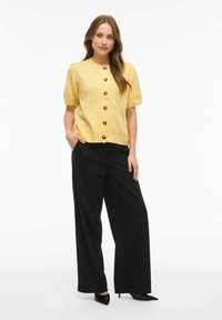 Žlutý krátký cardigan s pěti dřevěnými knoflíky, doplněný černými kalhotami s širokými nohavicemi a černými botami na podpatku s špičatou špičkou. Hladká textura.
