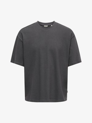 T-shirt oversize à manches courtes gris foncé avec col rond et petite étiquette de marque discrète à l'intérieur du col, design uni.