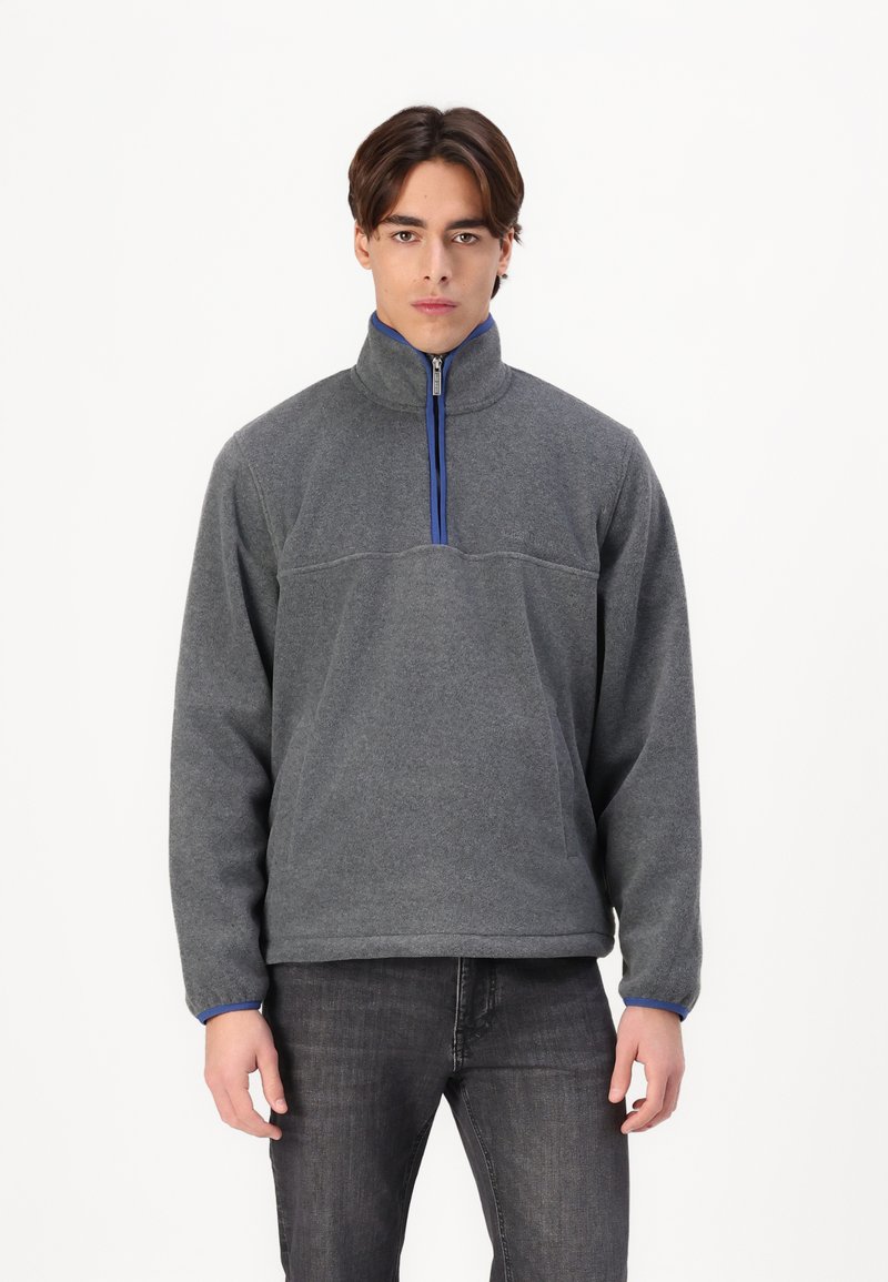 Gray fleece pullover with a quarter-zip, featuring a blue zipper and cuffs. Loose fit and soft texture, suitable for casual wear.