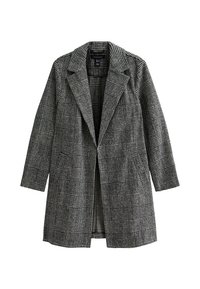 Abrigo a cuadros en blanco y negro con cuello de muesca, mangas largas y dos bolsillos frontales. Tejido texturizado con un diseño estructurado.