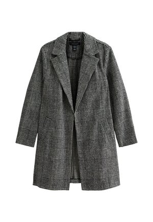 Abrigo a cuadros en blanco y negro con cuello de muesca, mangas largas y dos bolsillos frontales. Tejido texturizado con un diseño estructurado.