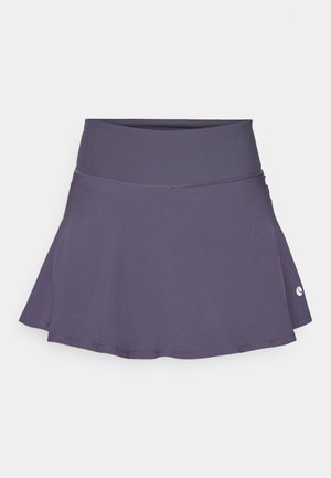 Purple, flared athletic skirt made from stretchy material. Features a wide waistband and subtle logo detail at the lower right.