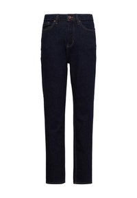 Ciemnoniebieskie dżinsy o prostym kroju, z pięcioma kieszeniami i kontrastowym przeszyciem. Posiadają pojedyncze zapięcie na guzik oraz szlufki na pasek.