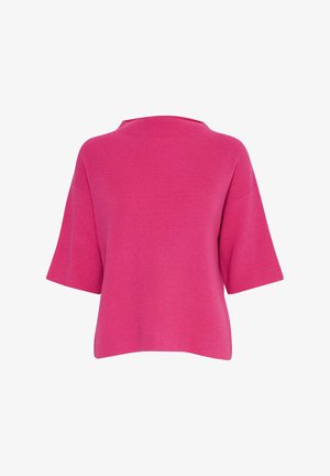 Fuchsia ribbed sweater with a wide neck, short sleeves, and a relaxed fit, featuring a textured material and no visible patterns or accents.