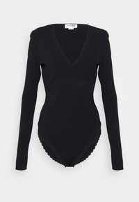Svart långärmad bodysuit med djup V-halsringning, scalloped kantdetaljer i botten och en figurnära, mjuk textur.