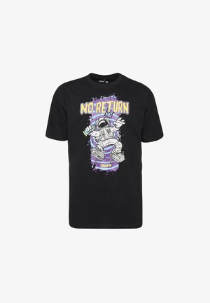 Black t-shirt featuring an astronaut graphic with "NO RETURN" text in yellow and purple, intricate design, and a relaxed fit.