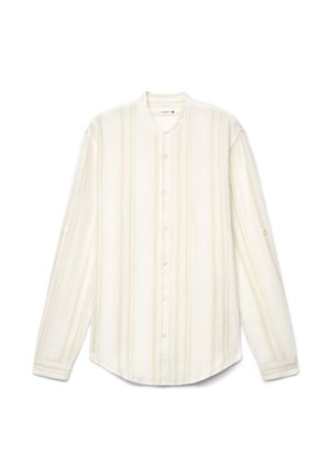 Koszula z długim rękawem na guziki z beżowymi pionowymi paskami, kołnierzyk typu band, rękawy podwijane i zapinane na patki z guzikami, rozmiar XL.