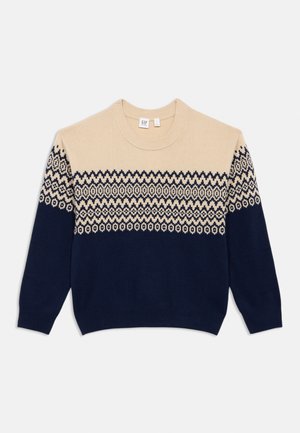 Pulover tricotat bej și bleumarin cu tipare geometrice pe partea superioară, guler rotund și mâneci lungi. Textură moale, croi lejer.