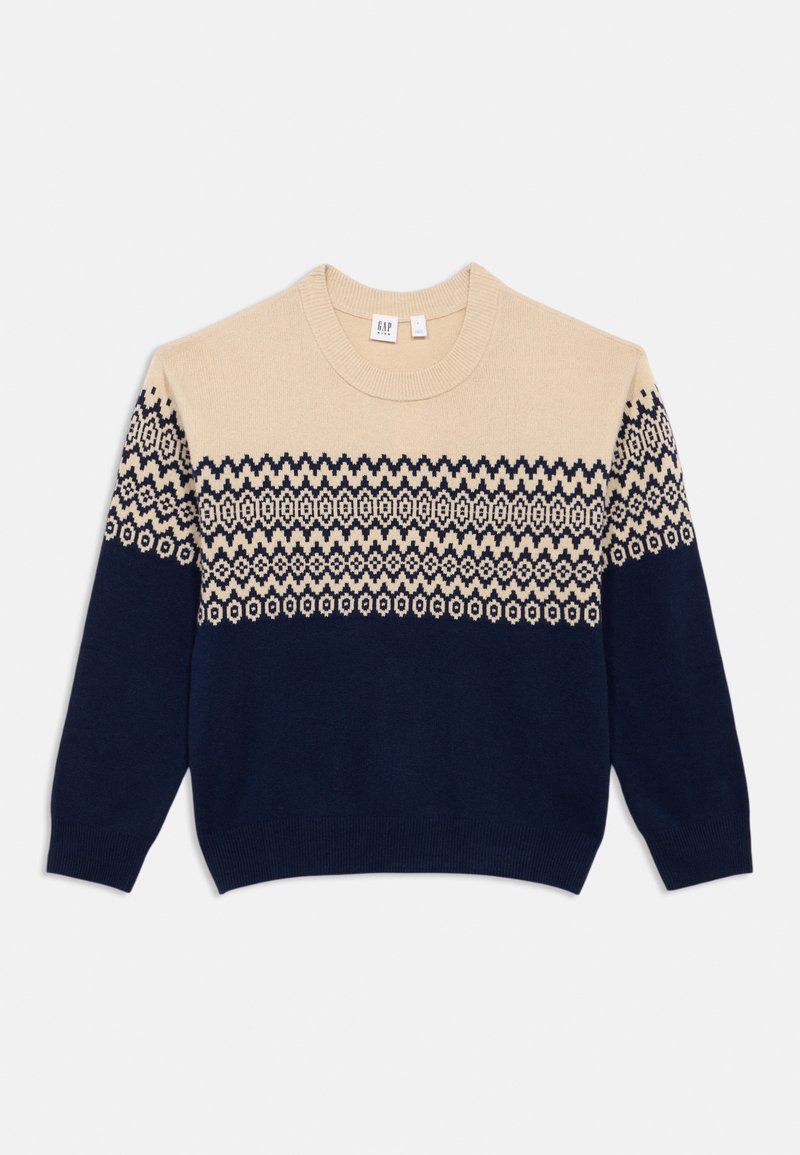 Beige og marineblå strikket genser med geometriske mønstre på den øverste delen, rund halslinning og lange ermer. Myk tekstur, uformell passform.