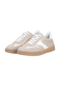 Beige and white sneakers made of suede and leather, featuring a low profile, round toe, and rubber sole with a textured surface.