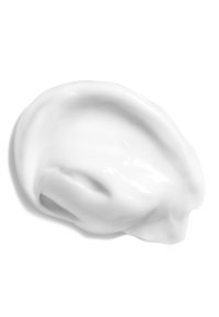 Weiße Creme oder Lotion mit einer glatten, glänzenden Textur, die einen kleinen, unregelmäßig geformten Klecks mit sanften Kurven und einem leichten Glanz zeigt.
