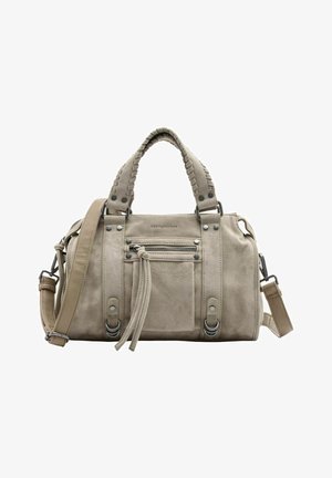Beige Wildleder-Handtasche mit geflochtenen Griffen, Frontreißverschlusstasche mit Quaste, Metallbeschlägen und verstellbarem Schulterriemen.