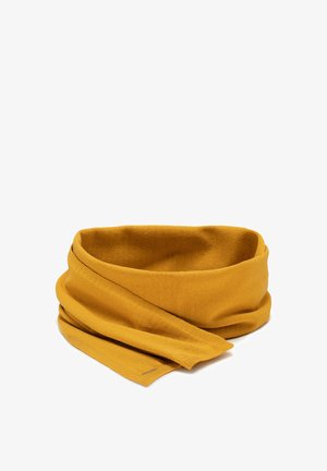 Écharpe tricotée jaune avec une texture lisse, présentant un design en boucle continue et des bords doux, parfaite pour draper ou envelopper.