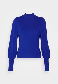 Maglione blu lavorato a maglia con scollo alto e maniche lunghe a sbuffo. Il tessuto è liscio, con un corpino aderente e polsini a coste.