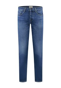 Jeans iz jeansa v svetlo do srednje modri pranju s ozkim krojem. Ima pet žepov, obroče za pas in standardno zadrgo/gumbasto zapiranje.