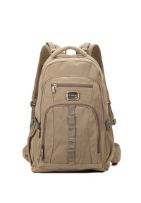 Zaino in tela khaki con accenti marroni, presenta numerose tasche frontali con zip, spallacci imbottiti e un manico robusto sulla parte superiore.